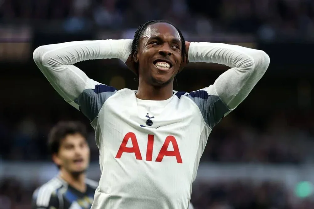 Tottenham Hotspur's Mathys Tel reacts to a missed chance